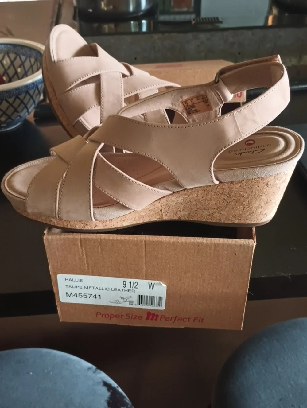 Clarks Hallie Taupe Metallic Leather Wedge Sandal